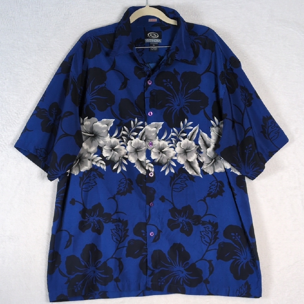 Gotcha Men's Blue Y2K Vintage Vacation‎ Tropical Button Down Shirt Size XL